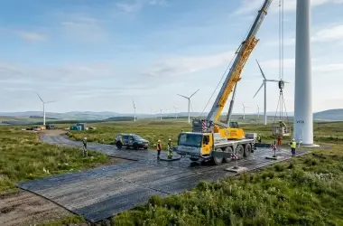Heavy equipment accessing wind energy site using ground protection mats on soft terrain