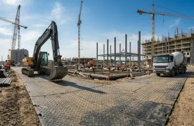 Ground protection mats providing temporary access for heavy equipment at a construction site