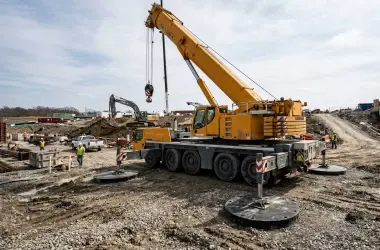 Full mobile crane stabilized with four outriggers on outrigger pads at a construction site