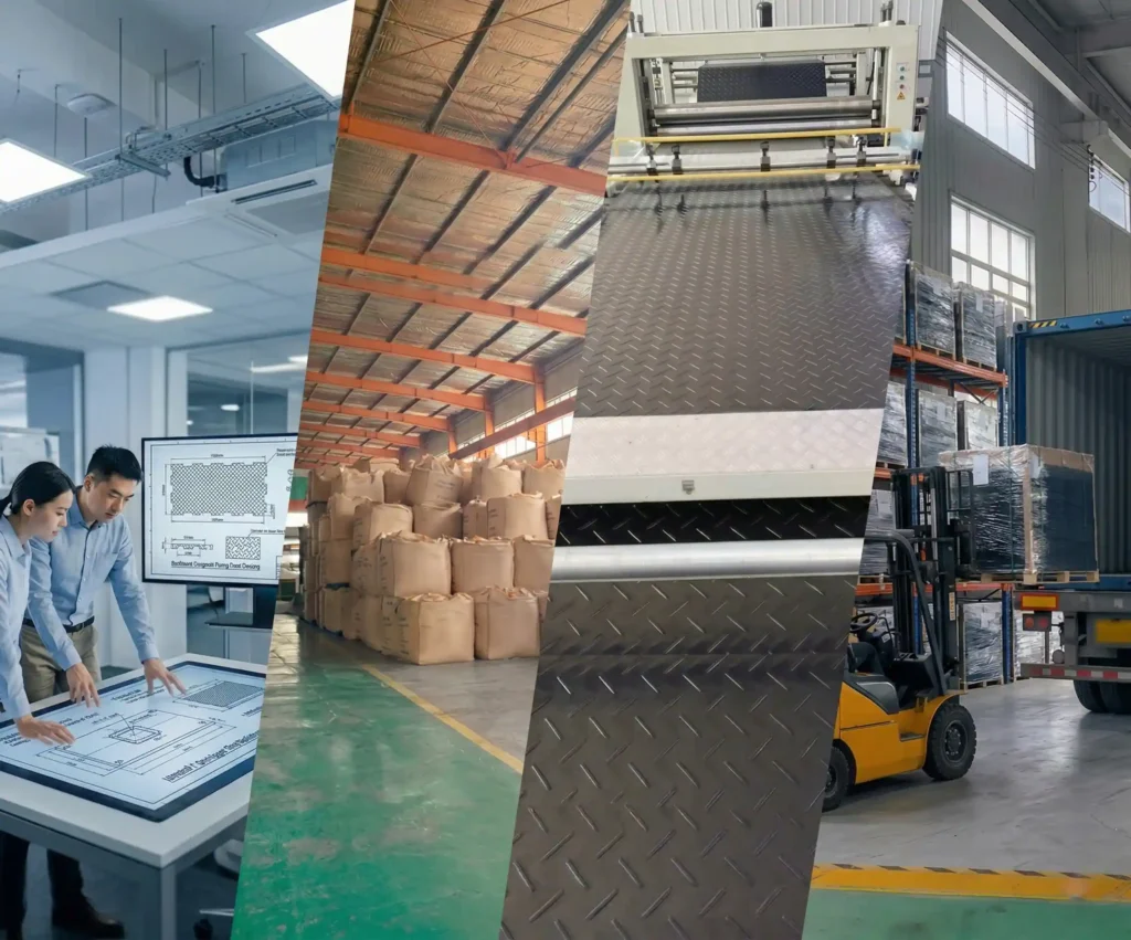 Industrial workflow showing requirement analysis, material preparation, production process and shipment logistics