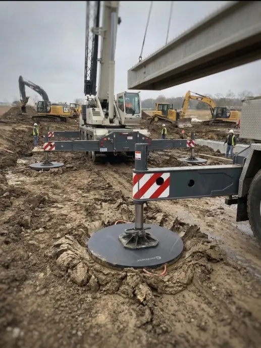Crane outriggers supported by load distribution pads on soft ground during heavy lifting operations