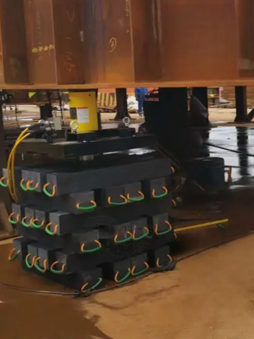 Heavy equipment supported by cribbing blocks during installation and maintenance operations