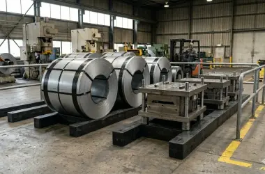 Heavy materials stored on plastic sleepers and support blocks in an industrial workshop