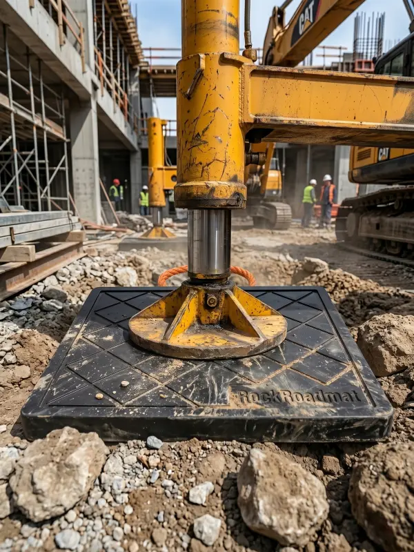 worn HDPE outrigger pad under crane leg on uneven rocky construction ground showing impact and abrasion resistance