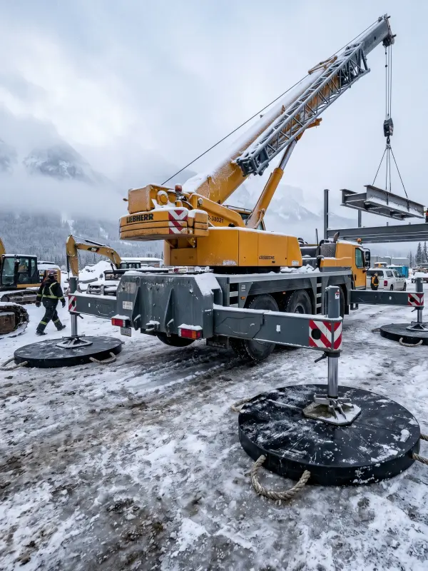 crane operating on snow and ice with HDPE outrigger pads showing stable performance in extreme cold weather conditions