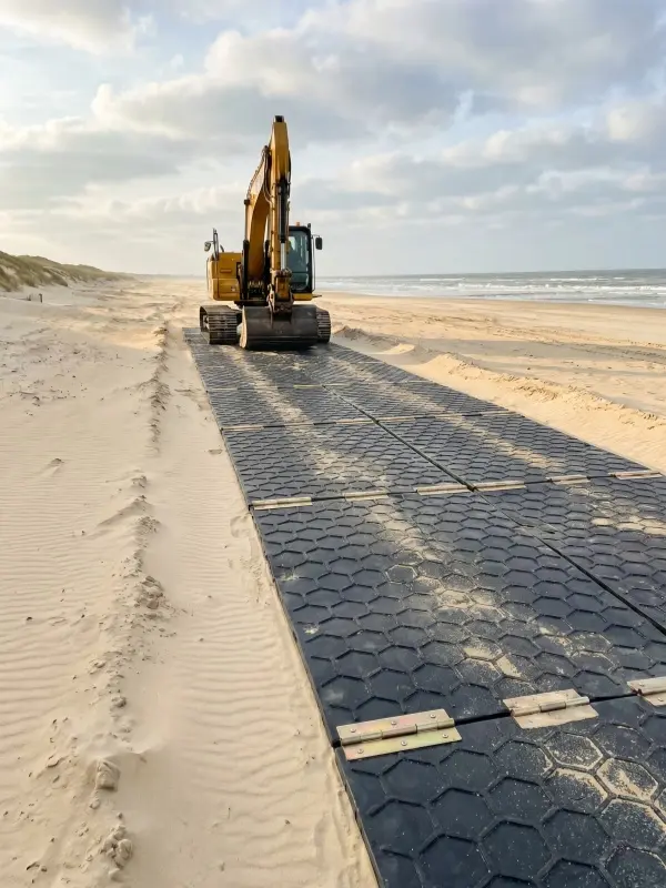 HDPE ground protection mats installed on sandy beach supporting excavator for temporary access road
