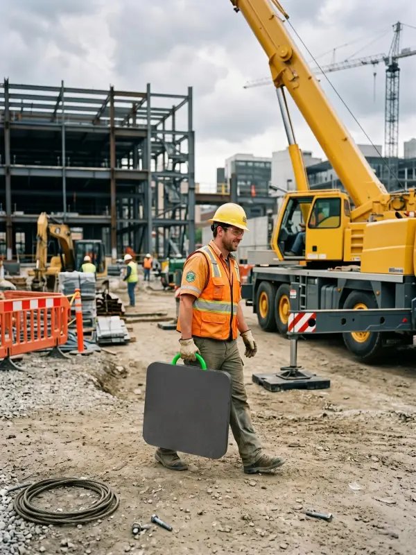 Worker carrying a lightweight UHMWPE outrigger pad at a construction site.