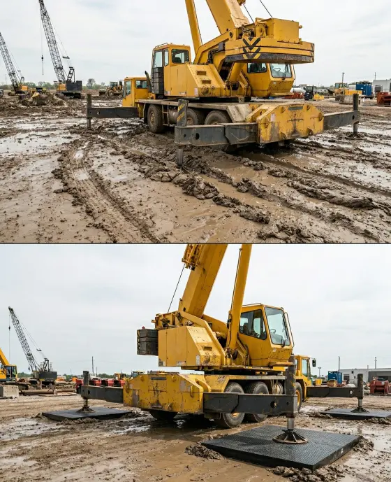 crane outrigger sinking in soft muddy ground vs stable UHMWPE outrigger pads for load distribution