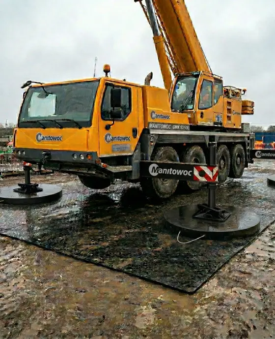 crane outrigger pads and ground protection mats used on soft muddy ground to stabilize heavy equipment and prevent sinking