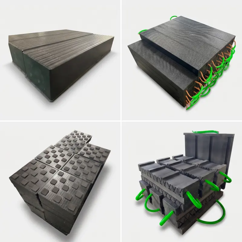 Plastic load blocks in four types including solid blocks, textured surface blocks, lifting handle blocks, and modular stacked blocks for heavy equipment support