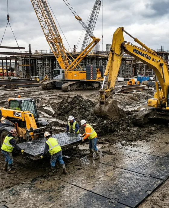 workers installing temporary ground protection mats on muddy construction site for heavy equipment access