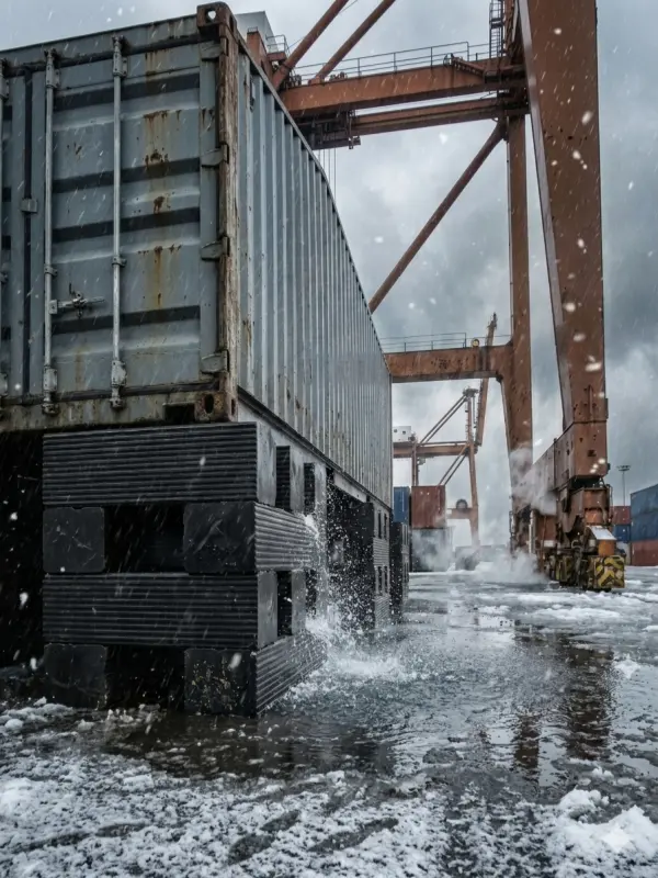 Heavy duty, industrial-grade black cribbing blocks, with a grooved texture, stacked to provide temporary support for a rusty shipping container at a bustling industrial port. The blocks are resistant to moisture and corrosion, demonstrating reliable performance under extreme weather conditions like snow and wet environments.