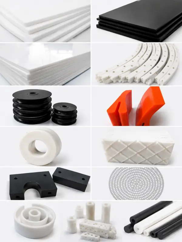 HDPE sheets and fabricated parts collage, showing stacked panels, rails, pulleys, blocks, rods, and other precision components on a clean white background.