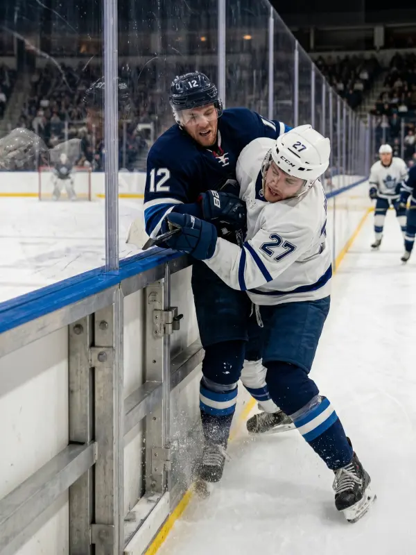 Professional hockey players impacting heavy-duty hockey rink boards during high-intensity competition in an indoor ice arena