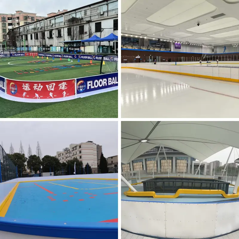 Commercial hockey rink barrier systems for ice, roller, and dryland hockey with professional impact protection
