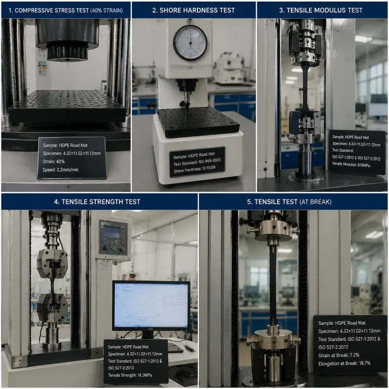 Performance testing setup of HDPE and UHMWPE paving boards in an industrial laboratory, focusing on compressive testing machine and sample preparation, without displaying numerical results