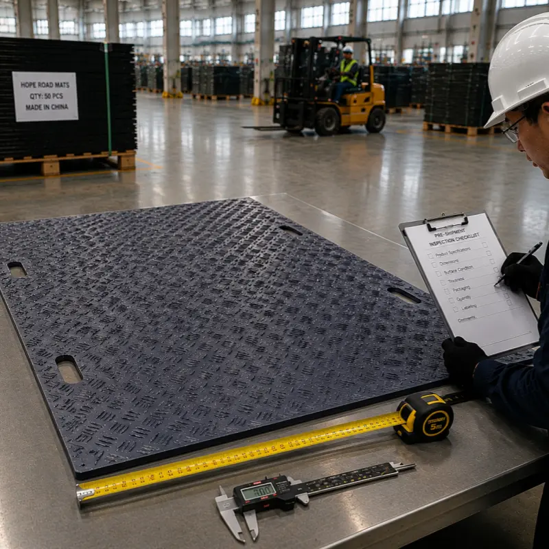 Pre-shipment inspection of HDPE paving board in a spacious industrial warehouse, worker using tape measure and digital caliper, emphasizing quality control and measurement process