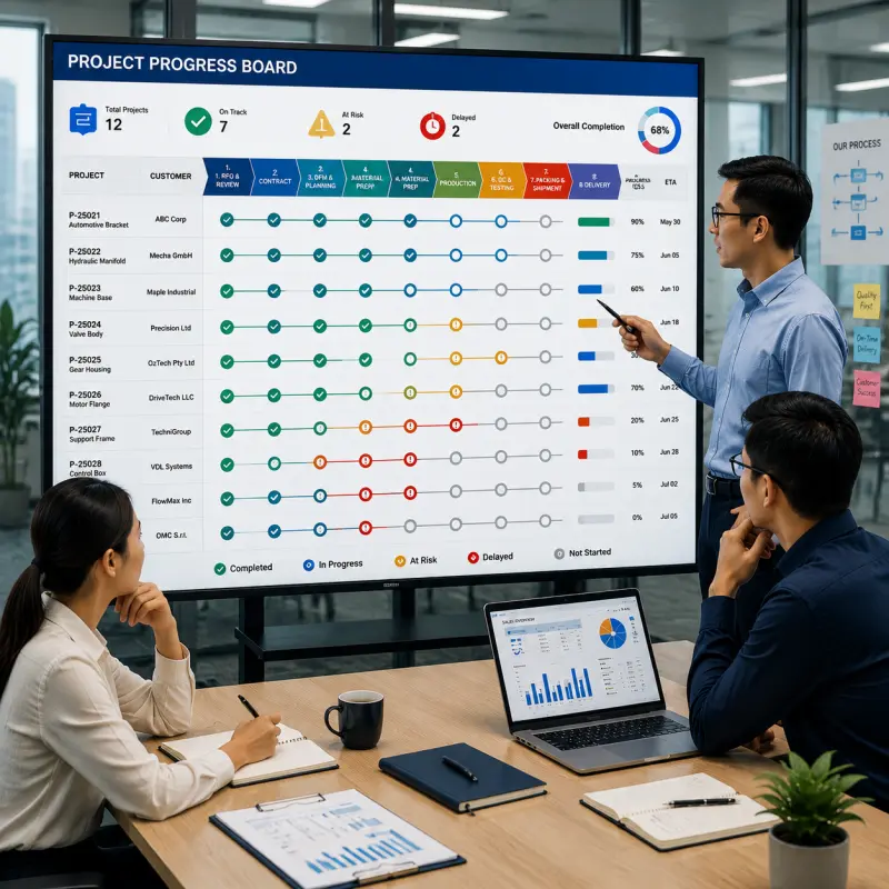 Project Progress Board in a modern office: team reviewing multiple B2B projects' stages and progress on a large digital dashboard