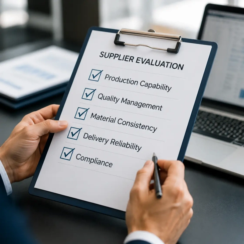 Supplier Qualification process: person reviewing supplier evaluation checklist in a professional office setting