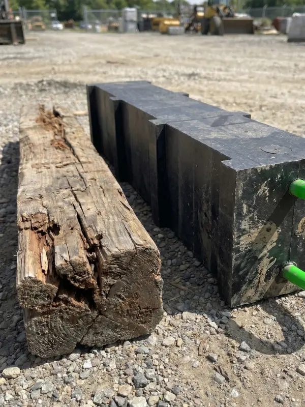 Side-by-side comparison of a rotting wooden beam and a durable interlocking black synthetic cribbing block with green handles, showing superior resistance to rot and degradation.