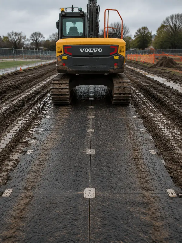 Heavy-duty UHMWPE ground protection mats laid in a muddy construction site, with a construction vehicle driving along the center of the mats, showing metal connectors and compressed dirt around the panels.