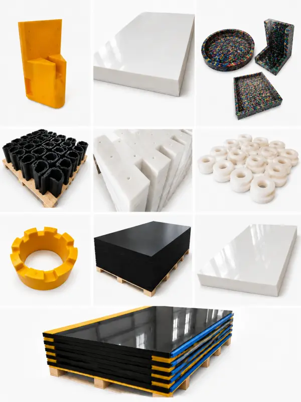 UHMWPE industrial plastic components product collage on white background