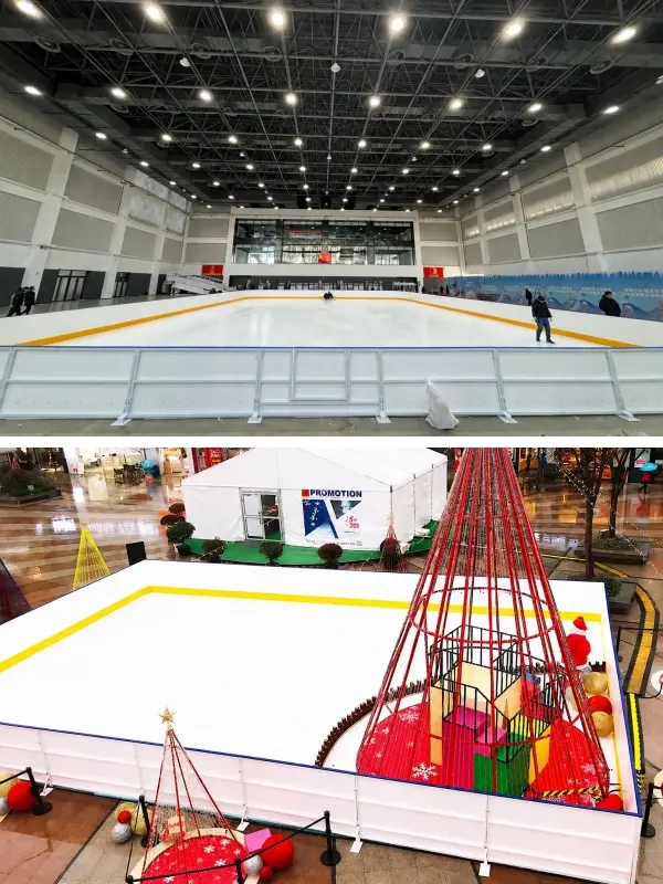 Indoor and outdoor synthetic ice rink for training, recreation, and commercial skating projects