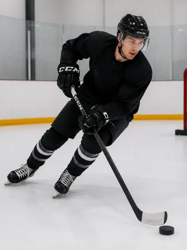 Hockey player training on UHMWPE synthetic ice panels with realistic skating and puck control performance
