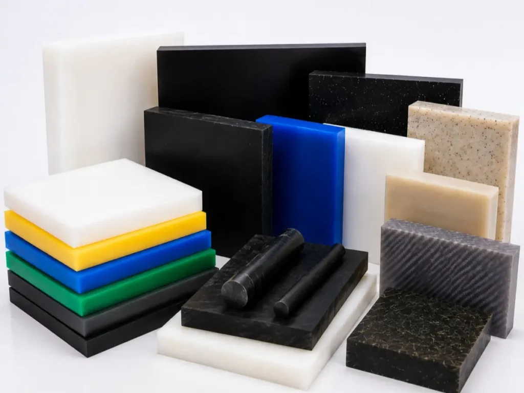 UHMWPE and modified plastic sheets and rods neatly stacked and arranged in a professional studio setup, showcasing various material types and sizes for industrial applications