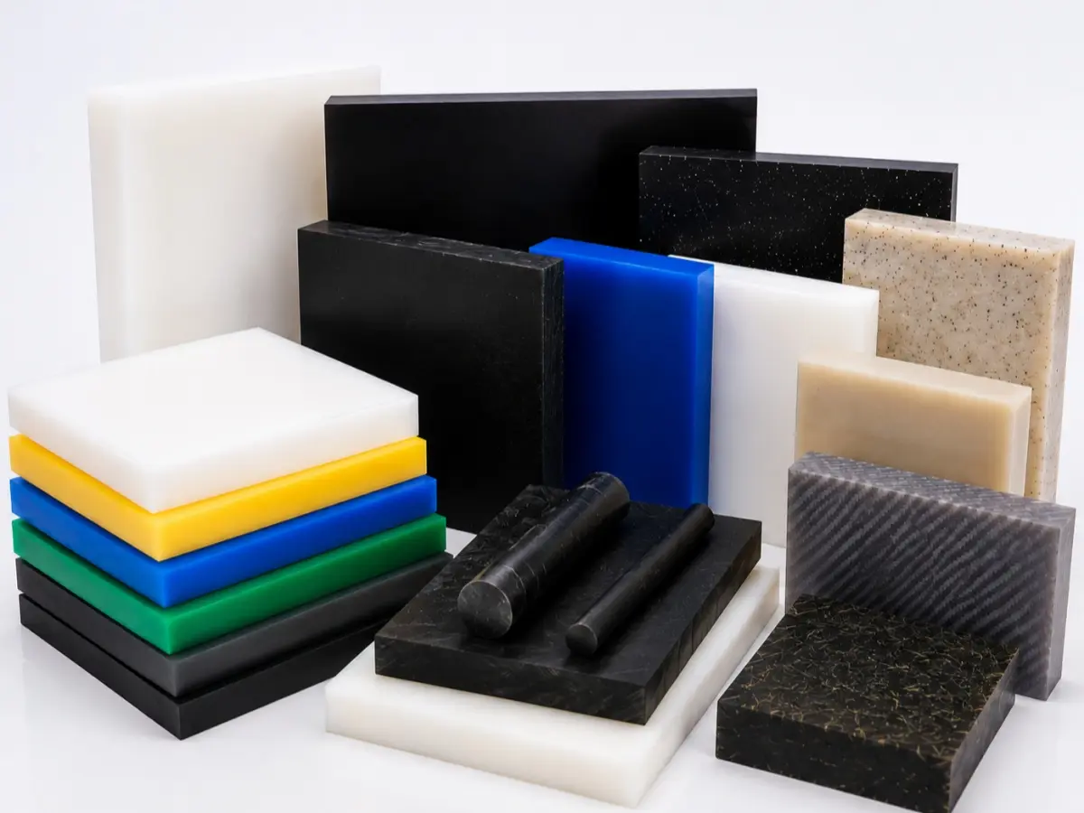 UHMWPE and modified plastic sheets and rods neatly stacked and arranged in a professional studio setup, showcasing various material types and sizes for industrial applications