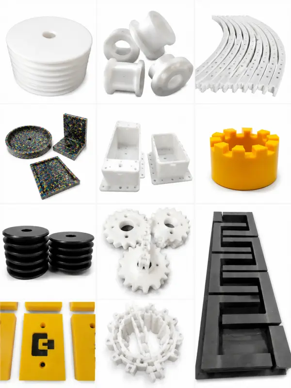 Custom CNC machined industrial plastic parts and UHMWPE sheets, rods, and blocks in a clean studio white background, showcasing a variety of sizes and shapes for engineering and industrial applications
