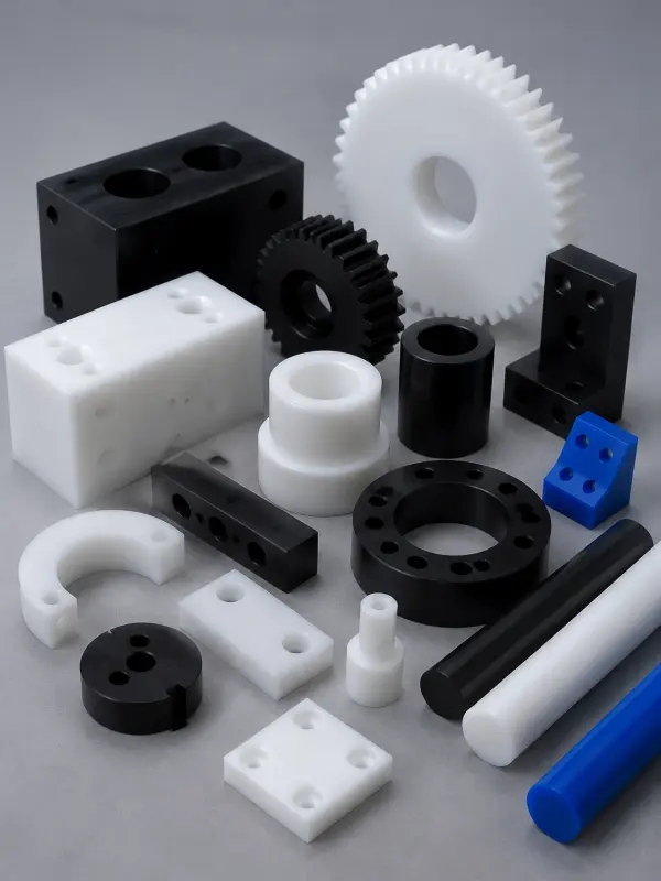 Custom HDPE machined plastic parts including gears, blocks, bushings and precision CNC components for industrial applications