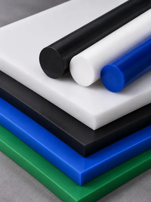 HDPE plastic sheets and rods arranged in stacked layers for industrial engineering applications