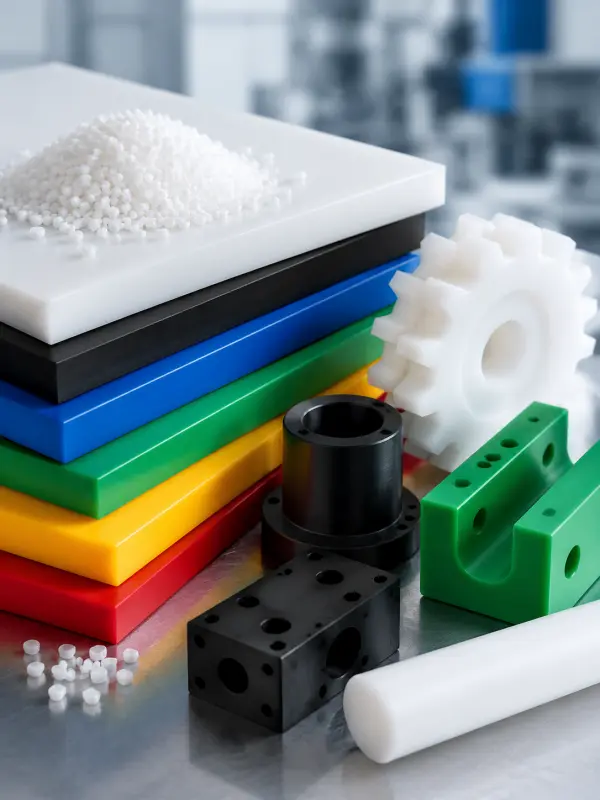 HDPE sheets and machined plastic parts including rods, blocks, and gears in industrial engineering plastic material display