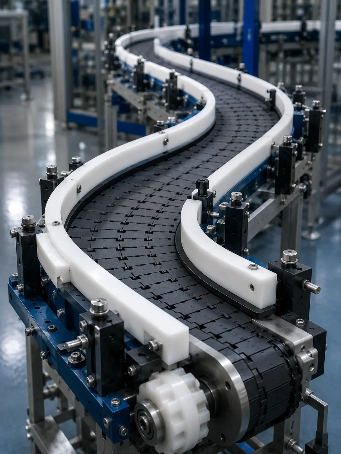 UHMWPE guide rails and conveyor wear components installed on an industrial conveyor system