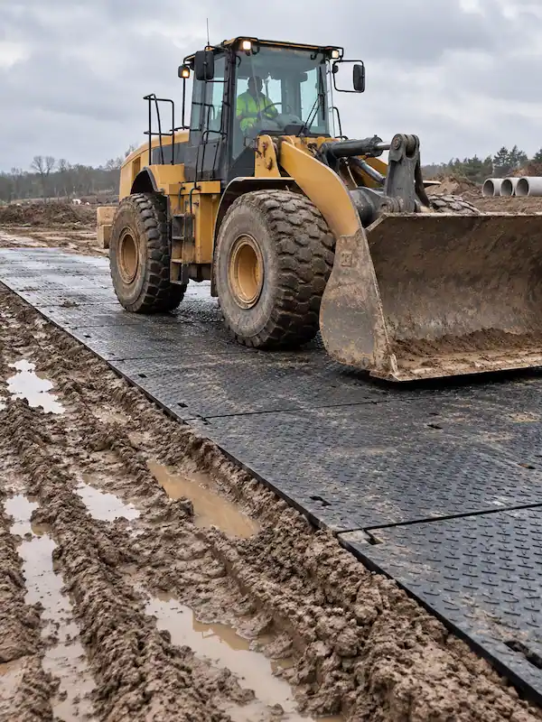 Heavy wheel loader operating on ground protection mats over soft muddy terrain
