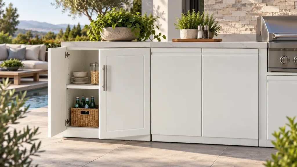 White HDPE outdoor cabinet used in a modern outdoor kitchen and patio setting