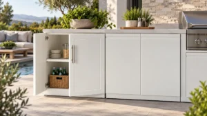 White HDPE outdoor cabinet used in a modern outdoor kitchen and patio setting