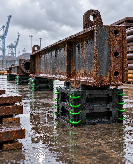 Rusted steel beams supported by plastic cribbing blocks in a wet and corrosive outdoor storage environment