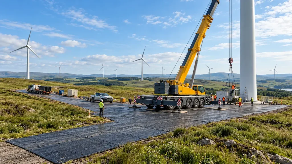 Temporary access mats creating a ground protection route for heavy equipment